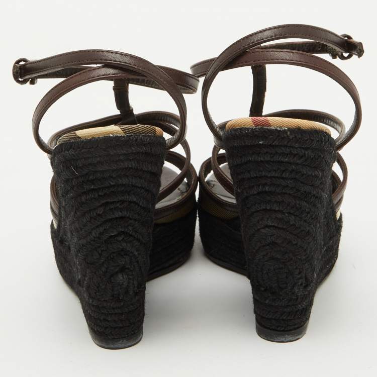 Pre Owned Burberry Brown/Beige Leather and Check PVC Platform Wedge Espadrille Sandals Size 38