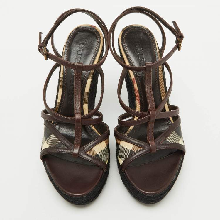 Pre Owned Burberry Brown/Beige Leather and Check PVC Platform Wedge Espadrille Sandals Size 38