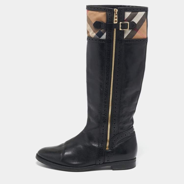 Pre Owned Burberry Beige/Black Canvas and Leather Knee Length Boots Size 40