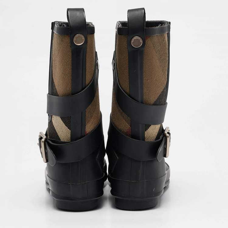 Pre Owned Burberry Beige/Black House Check Canvas and Rubber Rain Boots Size 35