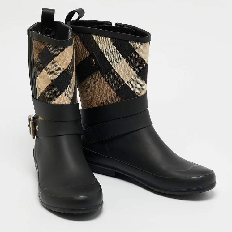 Pre Owned Burberry Beige/Black House Check Canvas and Rubber Rain Boots Size 35