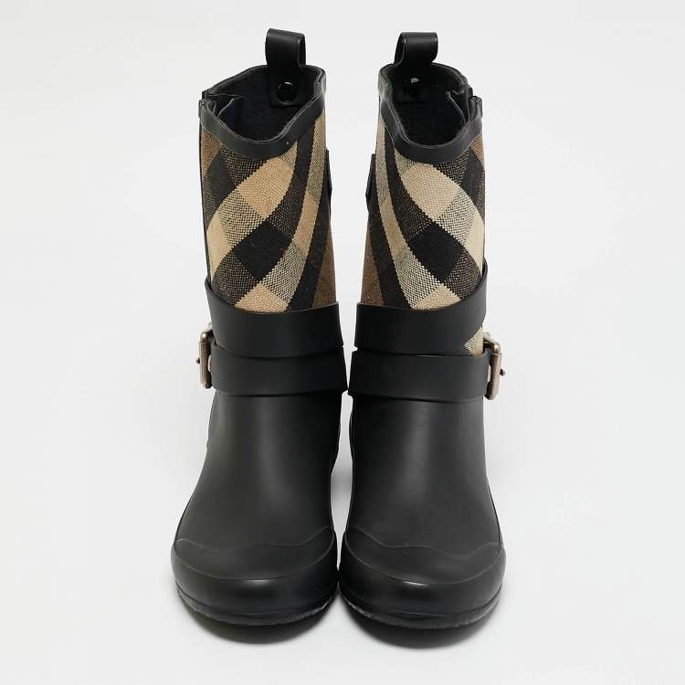 Pre Owned Burberry Beige/Black House Check Canvas and Rubber Rain Boots Size 35
