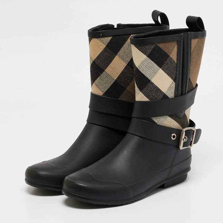 Pre Owned Burberry Beige/Black House Check Canvas and Rubber Rain Boots Size 35