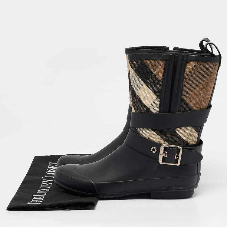 Pre Owned Burberry Beige/Black House Check Canvas and Rubber Rain Boots Size 35