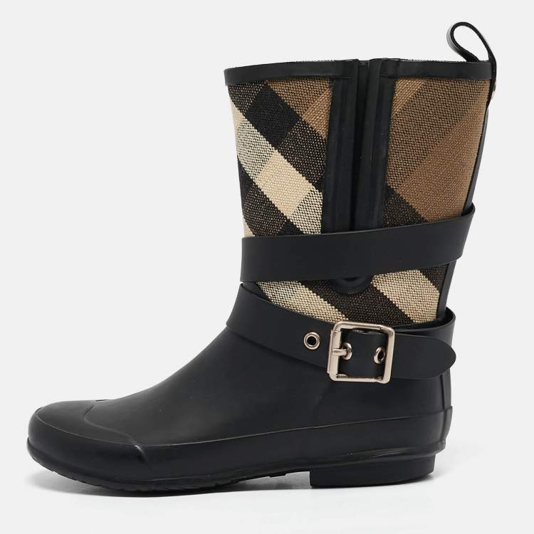 Pre Owned Burberry Beige/Black House Check Canvas and Rubber Rain Boots Size 35