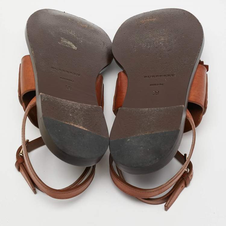 Pre Owned Burberry Brown Leather Bethany Ankle Strap Flat Sandals Size 39