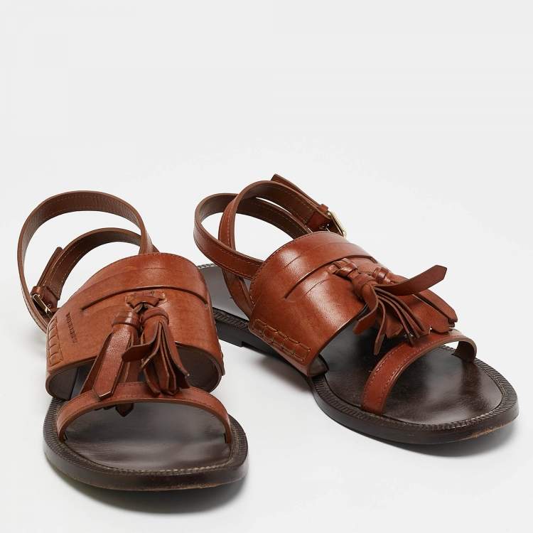 Pre Owned Burberry Brown Leather Bethany Ankle Strap Flat Sandals Size 39