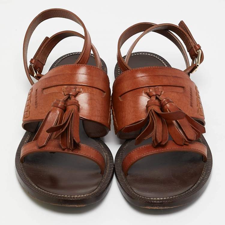 Pre Owned Burberry Brown Leather Bethany Ankle Strap Flat Sandals Size 39