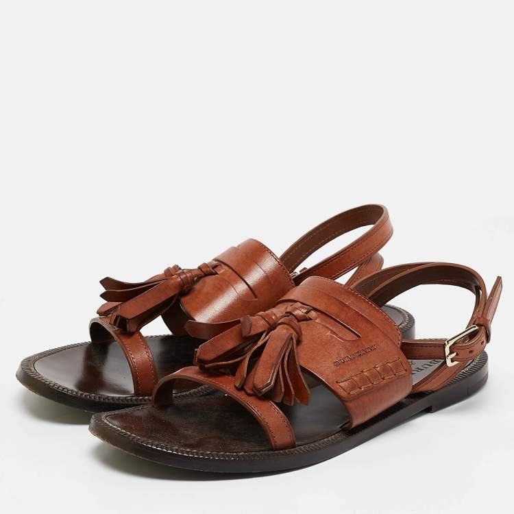 Pre Owned Burberry Brown Leather Bethany Ankle Strap Flat Sandals Size 39