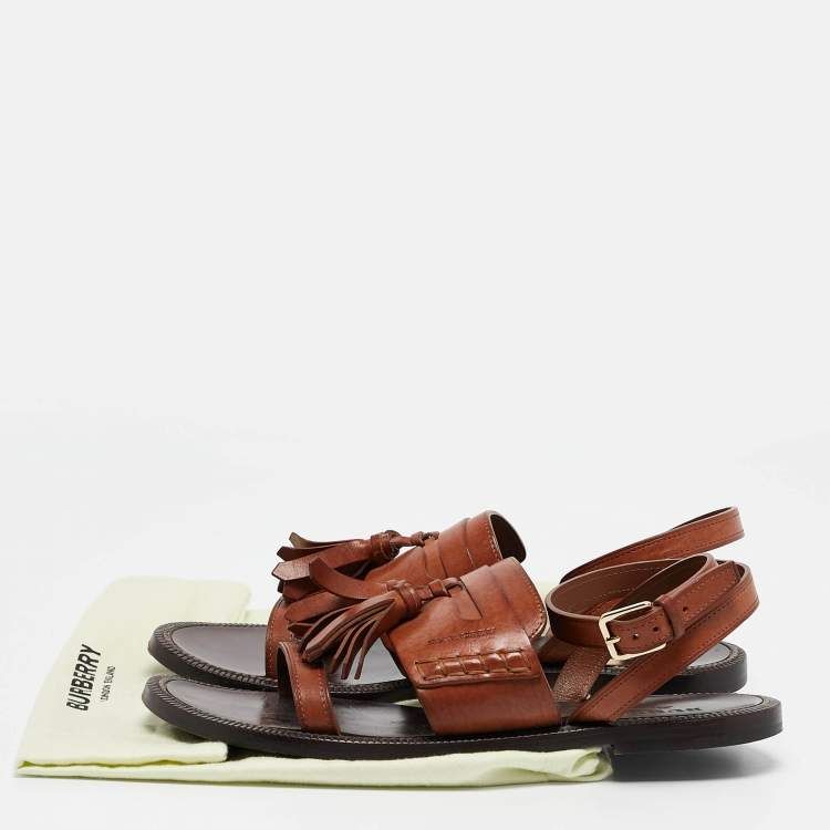 Pre Owned Burberry Brown Leather Bethany Ankle Strap Flat Sandals Size 39