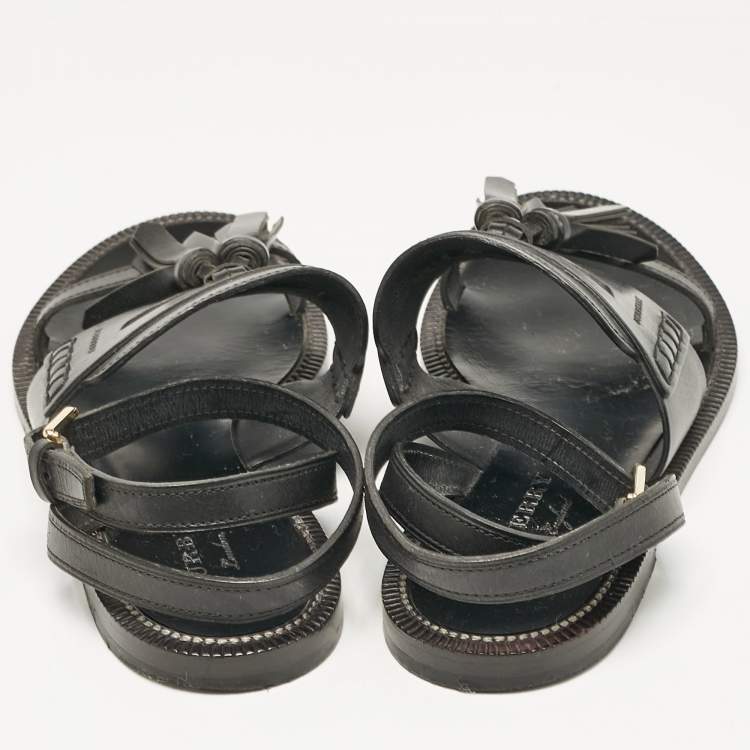 Pre Owned Burberry Black Leather Bethany Ankle Strap Flat  Sandals Size 38