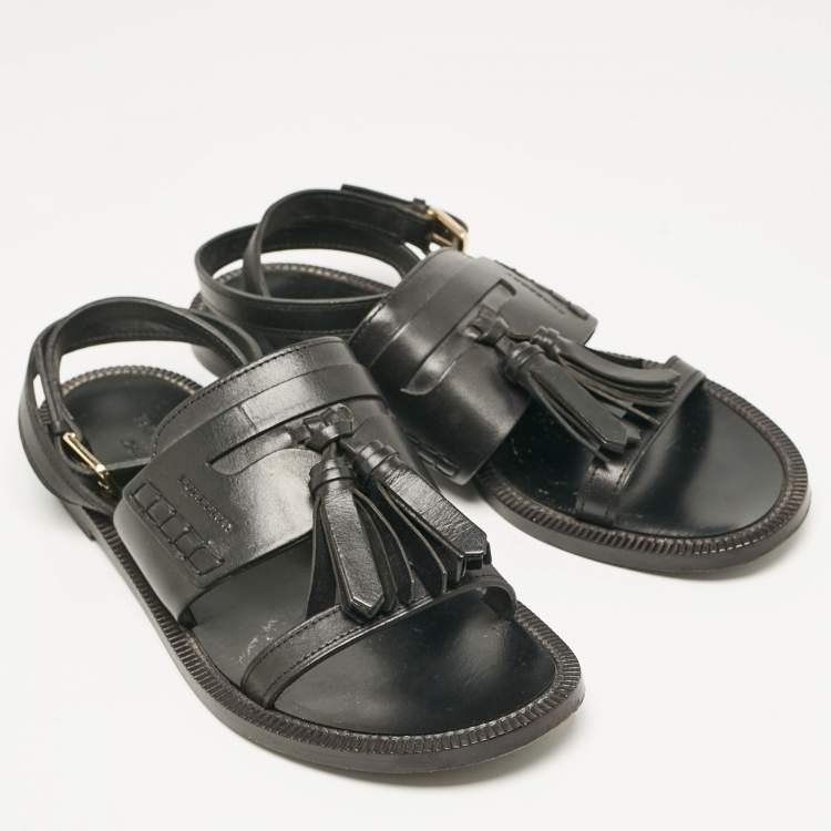 Pre Owned Burberry Black Leather Bethany Ankle Strap Flat  Sandals Size 38