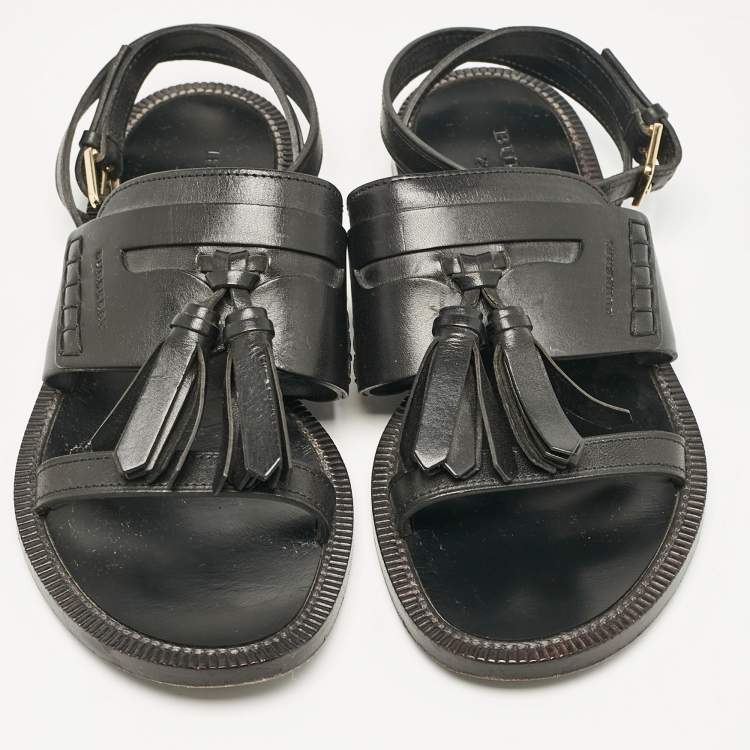 Pre Owned Burberry Black Leather Bethany Ankle Strap Flat  Sandals Size 38