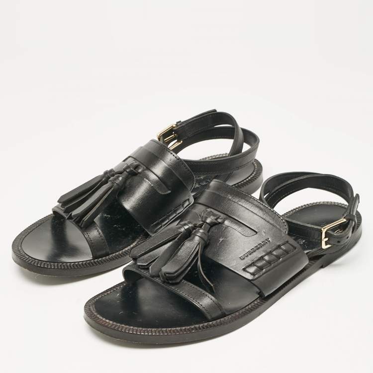 Pre Owned Burberry Black Leather Bethany Ankle Strap Flat  Sandals Size 38