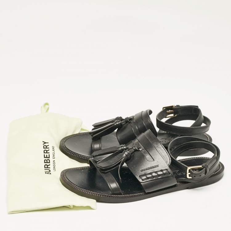 Pre Owned Burberry Black Leather Bethany Ankle Strap Flat  Sandals Size 38