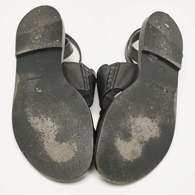 Pre Owned Burberry Black Leather Bethany Ankle Strap Flat  Sandals Size 38