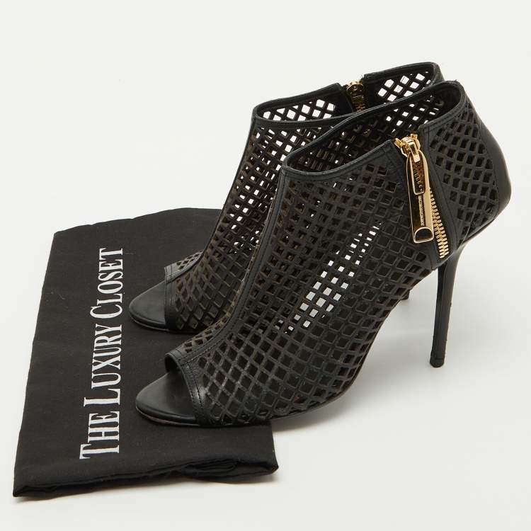 Pre Owned Burberry Black Leather Cut Out Open Toe Ankle Length Boots Size 39.5