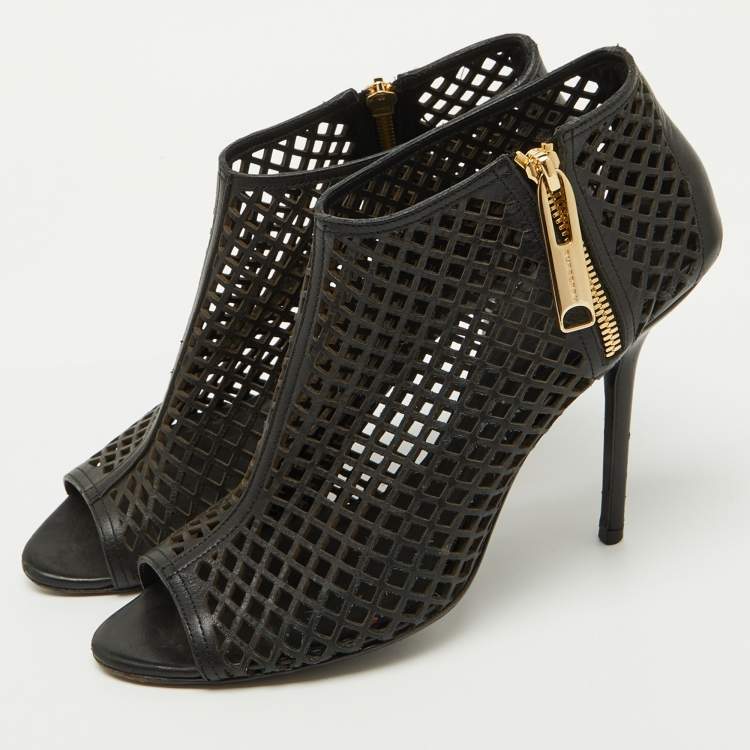 Pre Owned Burberry Black Leather Cut Out Open Toe Ankle Length Boots Size 39.5