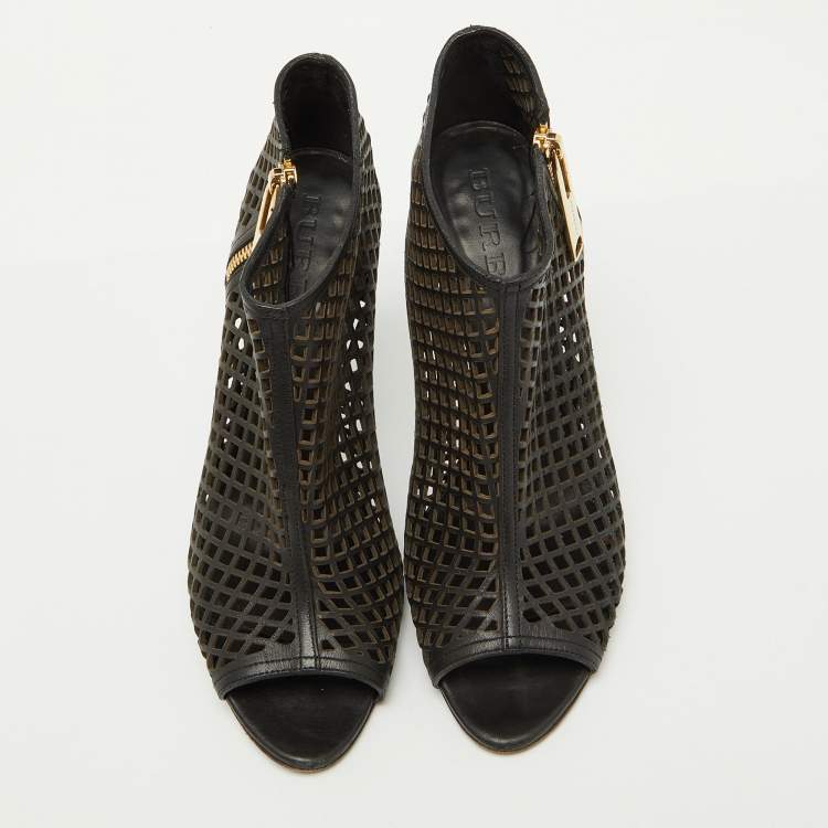 Pre Owned Burberry Black Leather Cut Out Open Toe Ankle Length Boots Size 39.5
