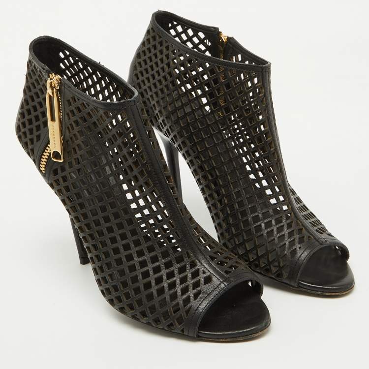 Pre Owned Burberry Black Leather Cut Out Open Toe Ankle Length Boots Size 39.5