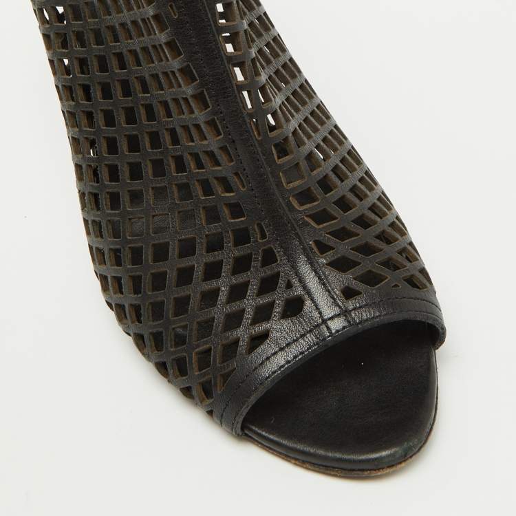Pre Owned Burberry Black Leather Cut Out Open Toe Ankle Length Boots Size 39.5