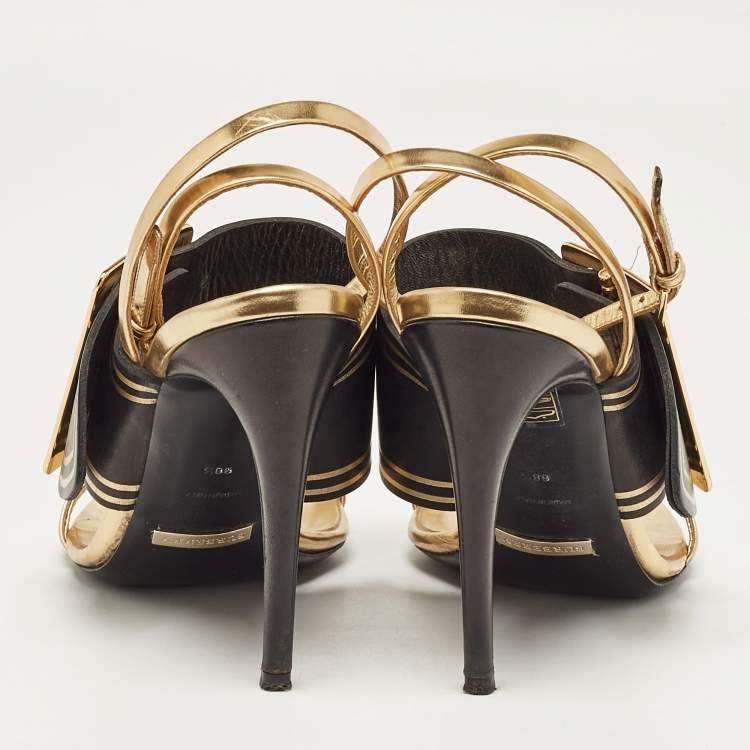 Pre Owned Burberry Black/Gold Leather Buckle Padstow Ankle Strap Sandals Size 38.5
