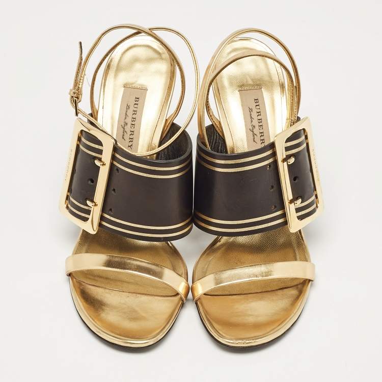 Pre Owned Burberry Black/Gold Leather Buckle Padstow Ankle Strap Sandals Size 38.5
