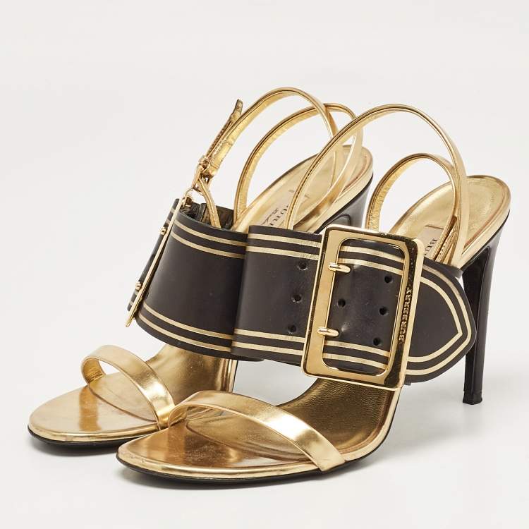 Pre Owned Burberry Black/Gold Leather Buckle Padstow Ankle Strap Sandals Size 38.5