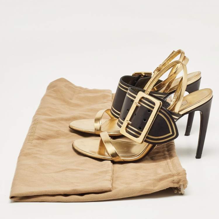 Pre Owned Burberry Black/Gold Leather Buckle Padstow Ankle Strap Sandals Size 38.5