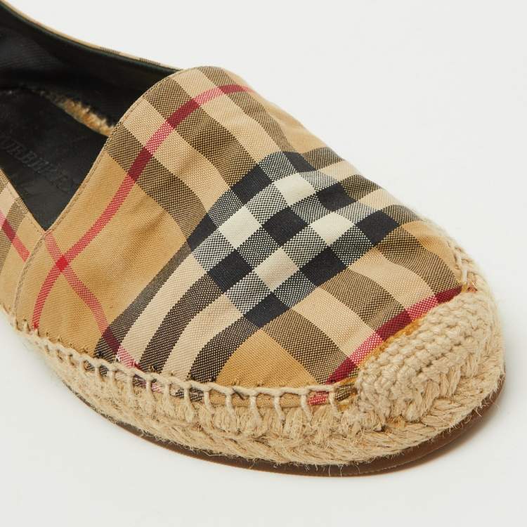Pre Owned Burberry Beige House Check Fabric Espadrille Flats Size 38.5