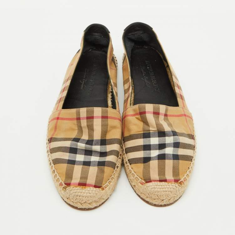 Pre Owned Burberry Beige House Check Fabric Espadrille Flats Size 38.5