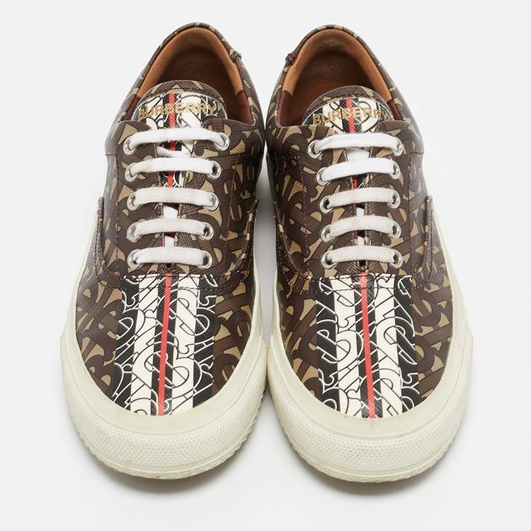 Pre Owned Burberry Brown Canvas Logo Lace Up Sneakers Size 38