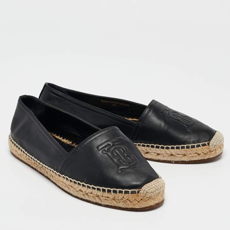 Pre Owned Burberry Black Leather Tabitha Logo Espadrille Flats Size 37