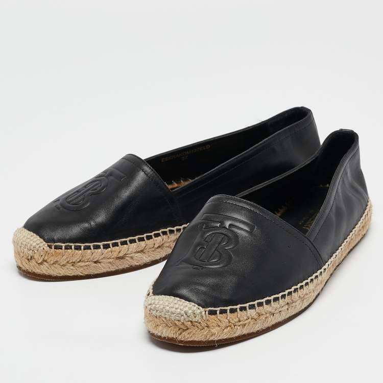 Pre Owned Burberry Black Leather Tabitha Logo Espadrille Flats Size 37