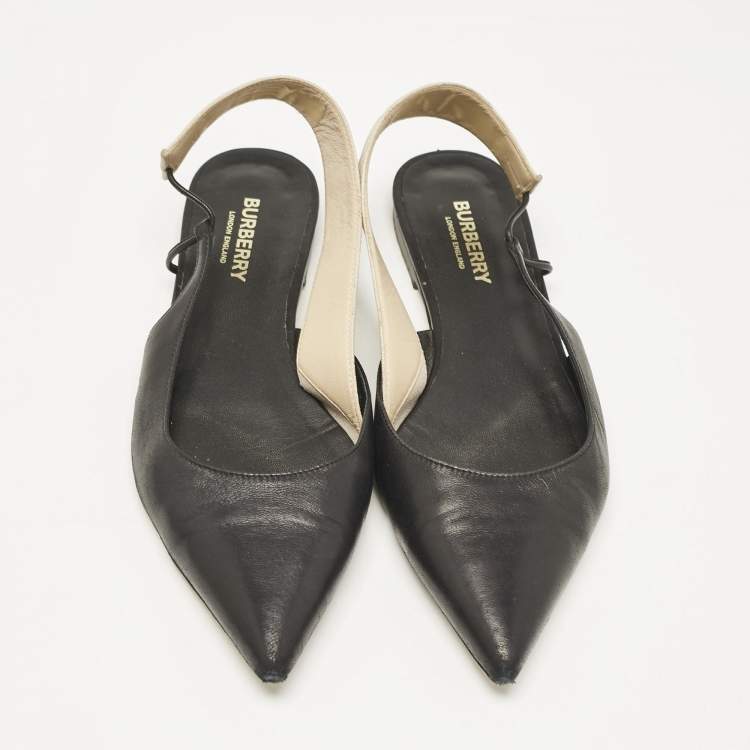 Pre Owned Burberry Black Leather Maria Logo Slingback Flats Size 37