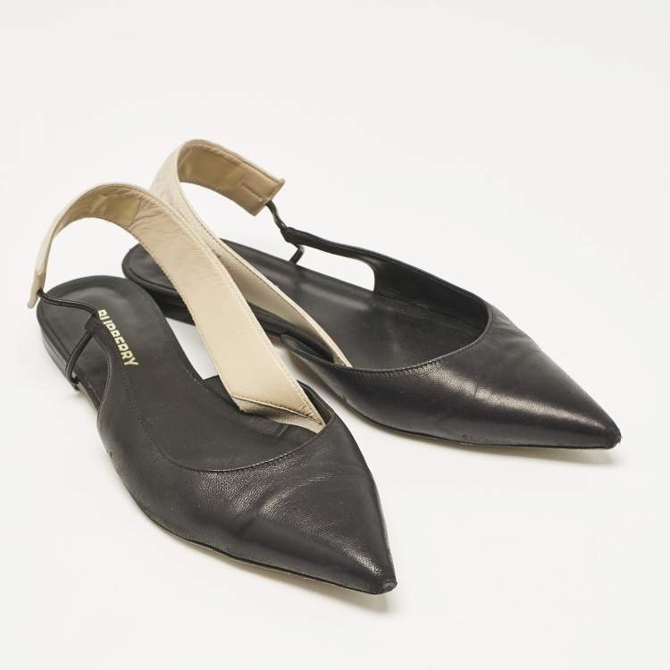 Pre Owned Burberry Black Leather Maria Logo Slingback Flats Size 37