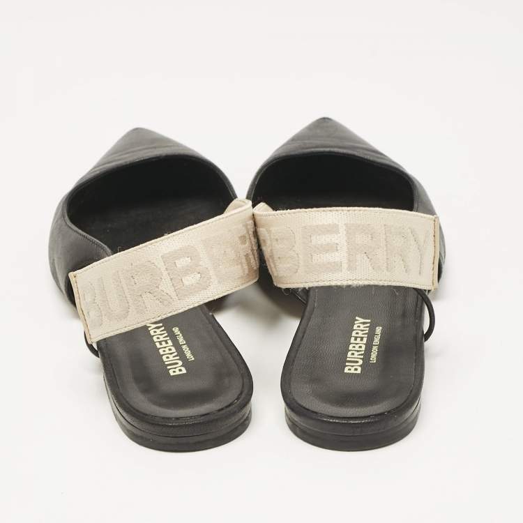 Pre Owned Burberry Black Leather Maria Logo Slingback Flats Size 37