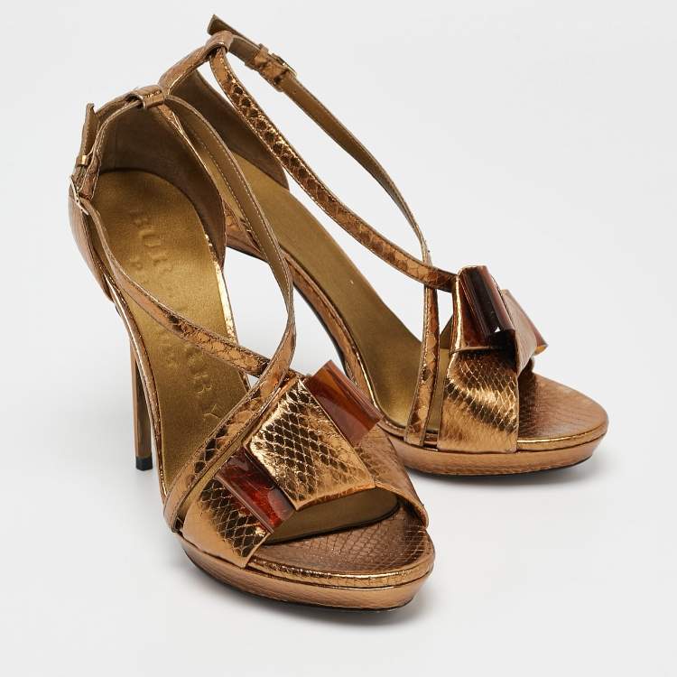 Pre Owned Burberry Gold Snakeskin Embossed Leather Berkeley Bow Sandals Size 37