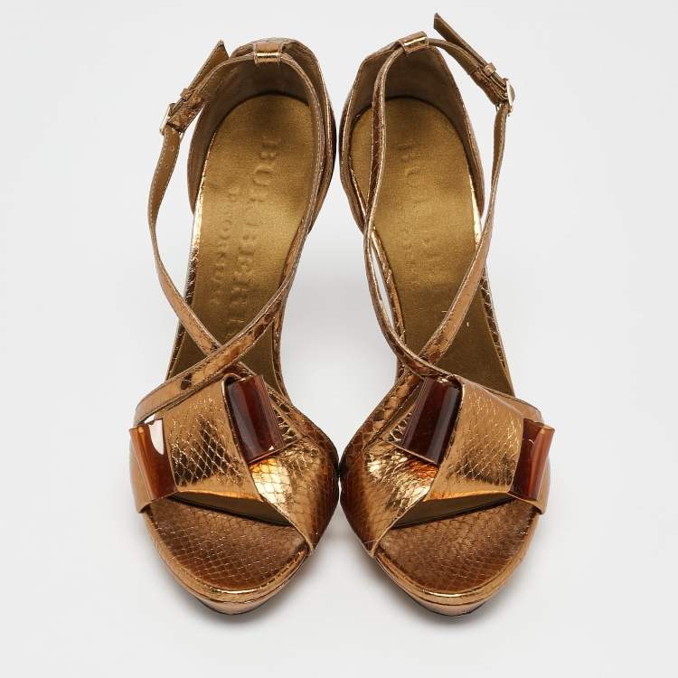 Pre Owned Burberry Gold Snakeskin Embossed Leather Berkeley Bow Sandals Size 37