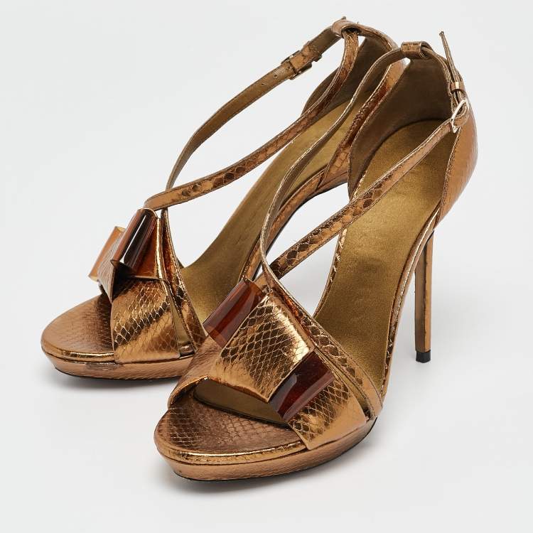 Pre Owned Burberry Gold Snakeskin Embossed Leather Berkeley Bow Sandals Size 37