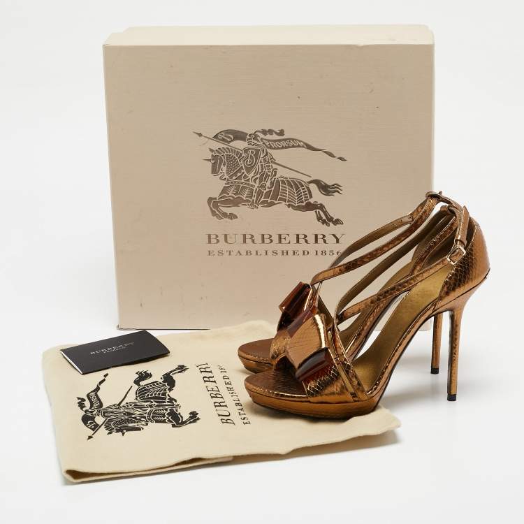 Pre Owned Burberry Gold Snakeskin Embossed Leather Berkeley Bow Sandals Size 37