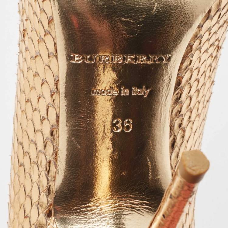 Pre Owned Burberry Metallic Gold Snakeskin Embossed Leather Peep Toe Pumps Size 36