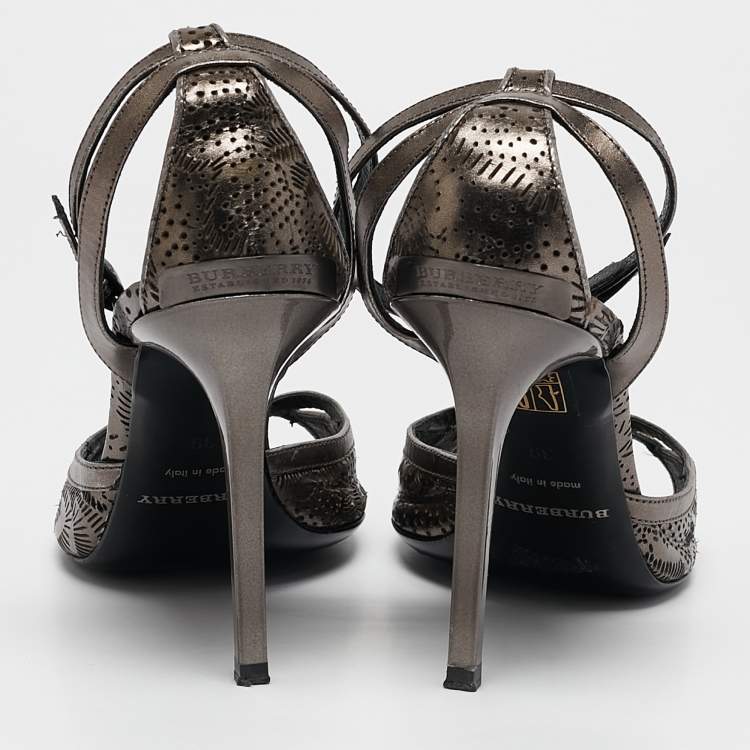 Pre Owned Burberry Metallic Grey Leather Laser Ankle Strap Sandals Size 39