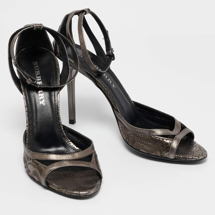 Pre Owned Burberry Metallic Grey Leather Laser Ankle Strap Sandals Size 39