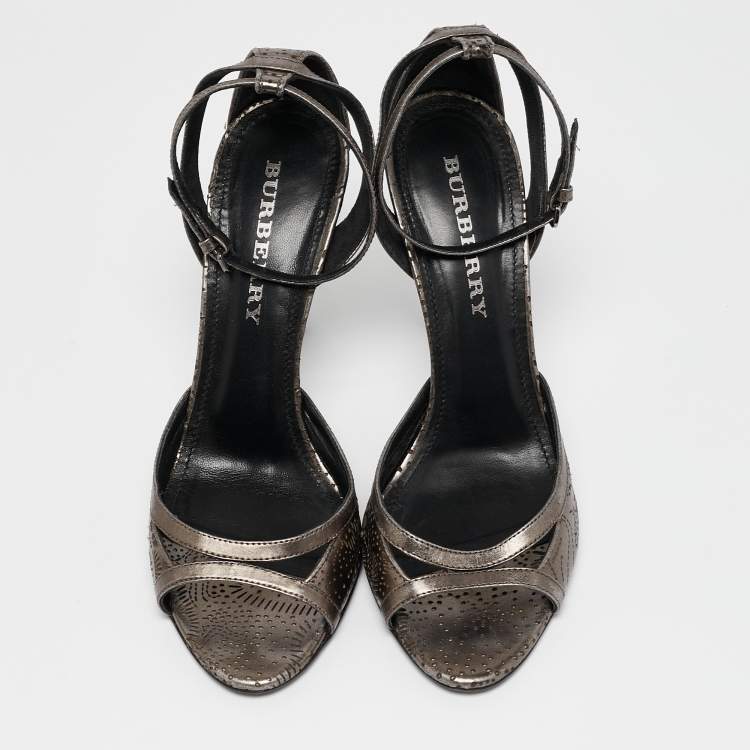 Pre Owned Burberry Metallic Grey Leather Laser Ankle Strap Sandals Size 39