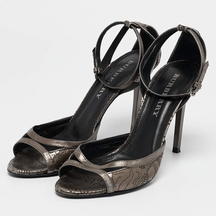 Pre Owned Burberry Metallic Grey Leather Laser Ankle Strap Sandals Size 39