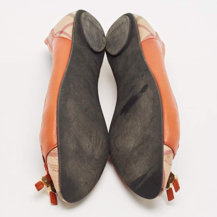 Pre Owned Burberry Dark Orange Leather And Coated Canvas Bow Toe Cap Ballet Flats Size 37.5