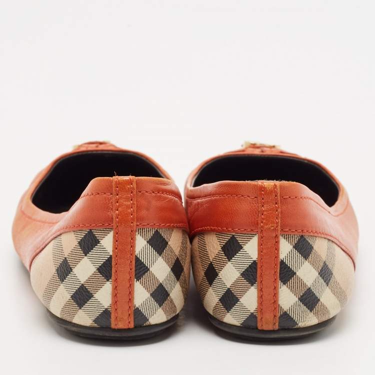 Pre Owned Burberry Dark Orange Leather And Coated Canvas Bow Toe Cap Ballet Flats Size 37.5