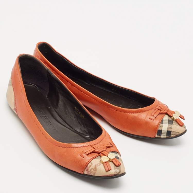 Pre Owned Burberry Dark Orange Leather And Coated Canvas Bow Toe Cap Ballet Flats Size 37.5