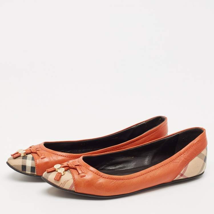 Pre Owned Burberry Dark Orange Leather And Coated Canvas Bow Toe Cap Ballet Flats Size 37.5